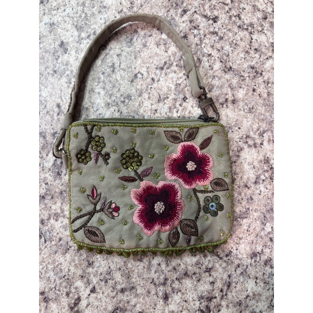 Express Vintage Style Sage Green Floral Embroidered Beaded Mini Bag Wristlet y2k
